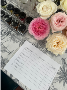 Items used at a fragrance workshop for garden roses. 